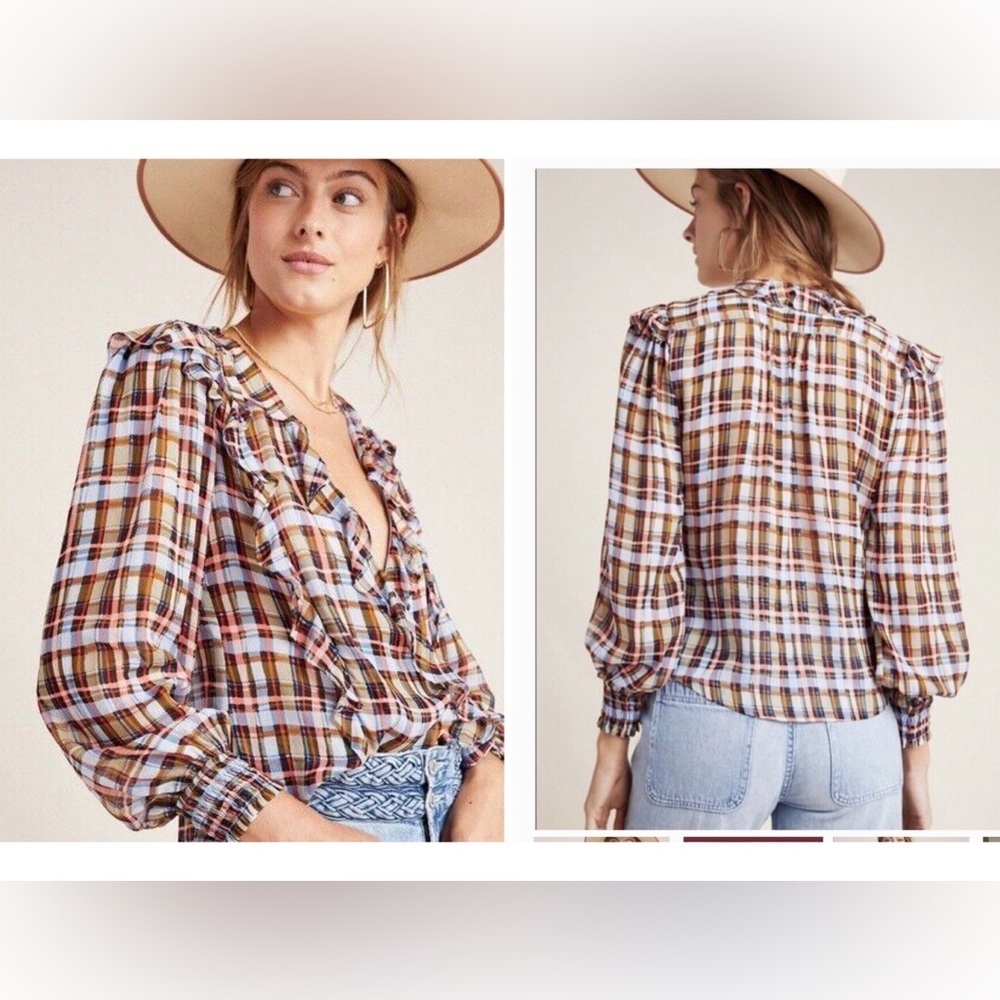 Maeve Plaid Ruffle V-Neck Long Sleeve Blouse in Brown and Blue